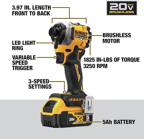 Miniatura 7 de DEWALT Atomic 20V MAX 14 pulgadas Kit de destornillador de impacto inalámbrico sin escobillas de 3 velocidades DCF850P2 amarillo