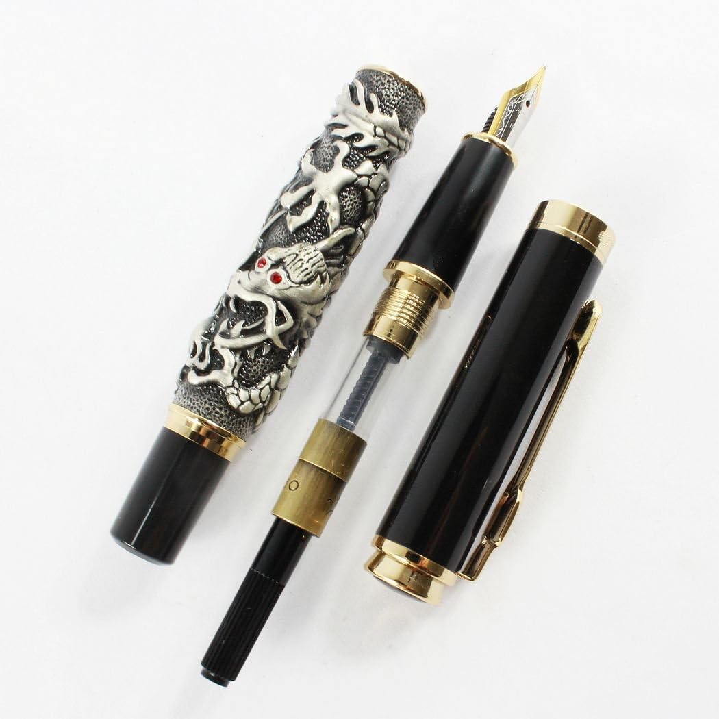Gullor Antique Silver Lucky Dragon Fountain Pen 18kgp with Golden Clip