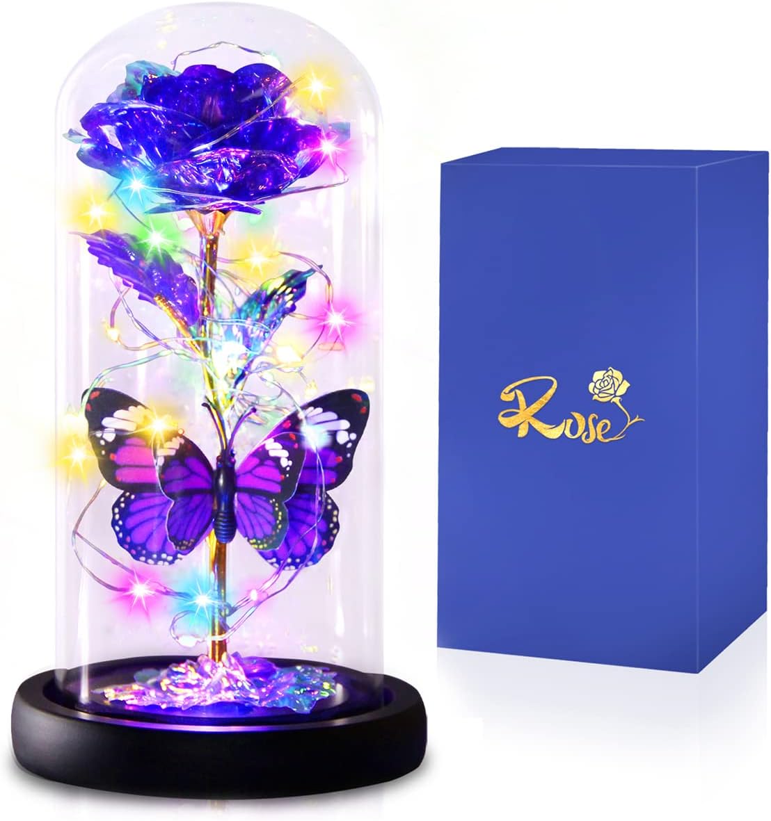Mothers Day Rose Gifts for Mom from Daughter Son - Galaxy Purple Butterfly Rose in Glass Dome - Romantic Mother's Day Flower Gifts for Mom Wife Her Women Birthday Valentines Anniversary Decor