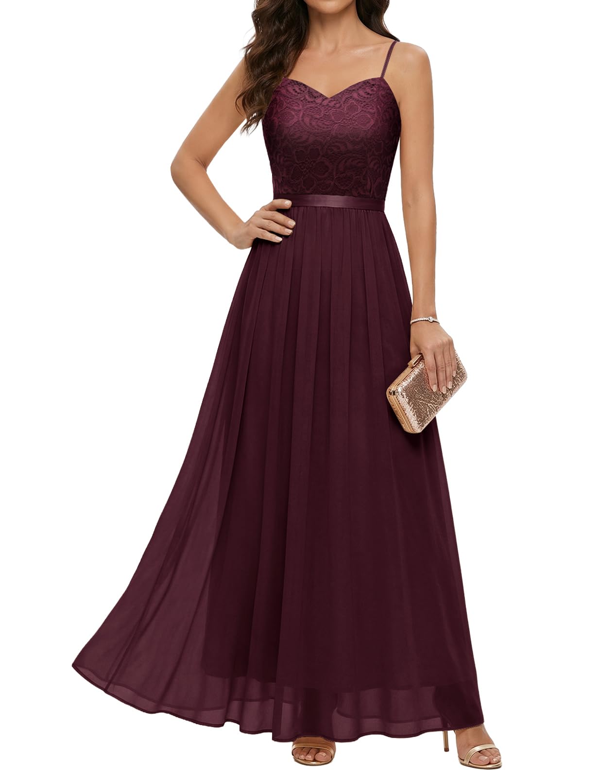 DRESSTELLS Abendkleider Elegant für Hochzeit Festlich Ballkleid Damen Lang Brautkleid Standesamt Brautjungfernkleider mit Spaghettiträger Jugendweihe Kleider
