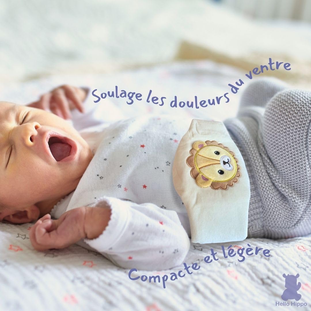 Hello Hippo - Bouillotte Noyaux de Cerise Bébé - Ceinture Chauffante Sèche Anti-Colique pour Nourrisson, Micro-Ondes ou Four, Hypoallergénique et Lavable (Lion)