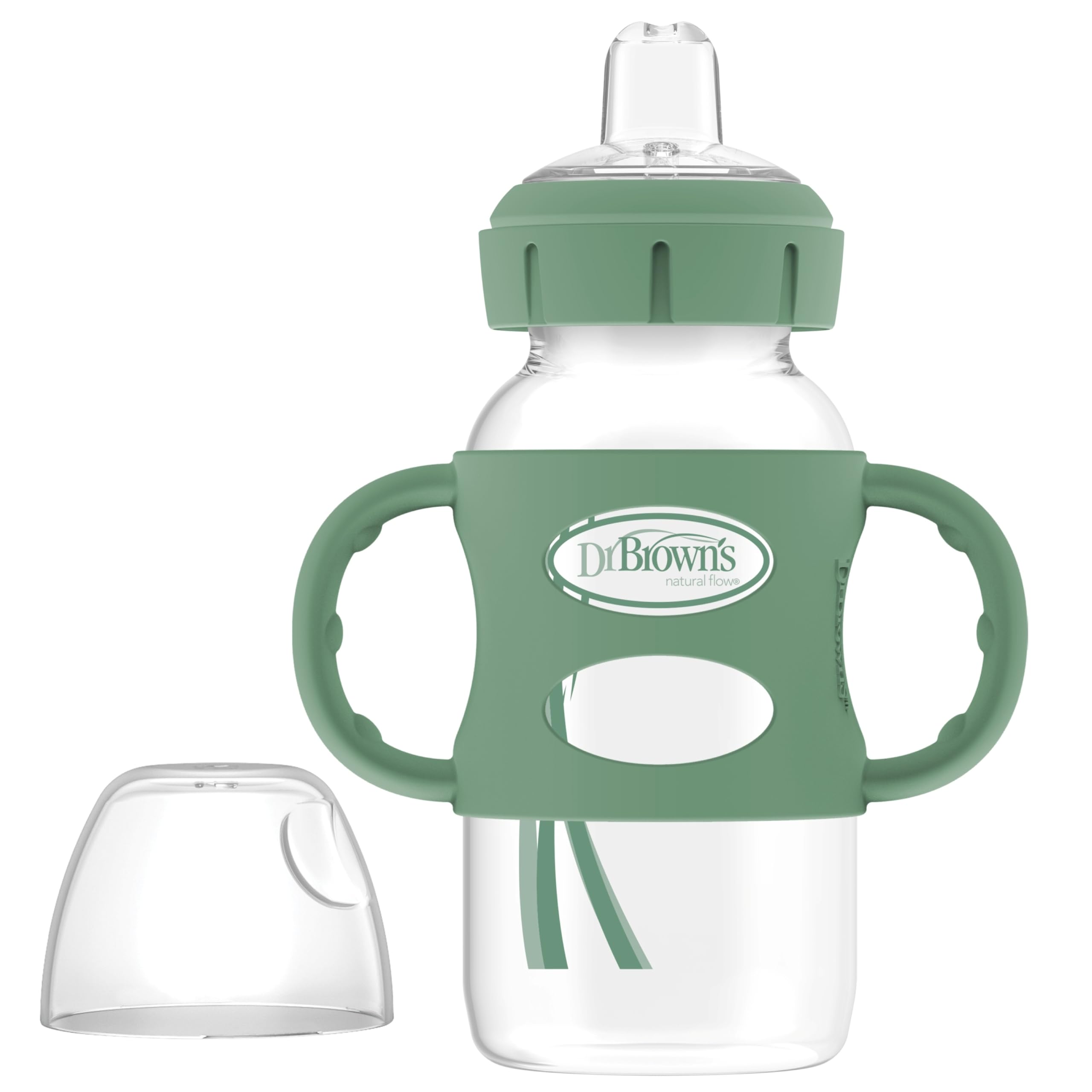 Dr. Brown's Milestones Wide-Neck Sippy Bottle with 100% Silicone Handles, Easy-Grip Bottle with Soft Sippy Spout, 9oz/270ml, 6m+, Khaki Green, 1-Pack, BPA Free