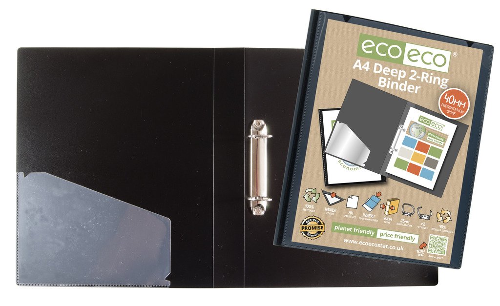 2 x eco-eco A4 95% Recycled Presentation Black Professional Deep Ring Binders