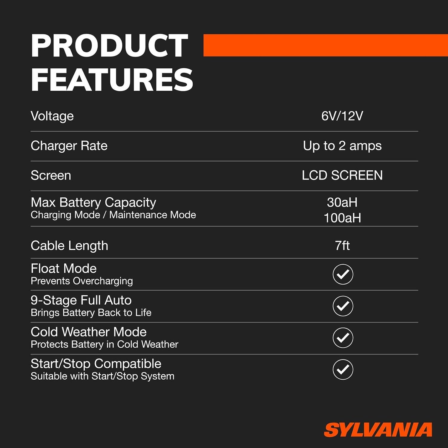 Table summarizing the product features and specifications of the SYLVANIA Smart Charger, including voltage, charger rate, screen type, max battery capacity, cable length, and presence of float mode, 9-stage auto, cold weather mode, and start/stop compatibility.