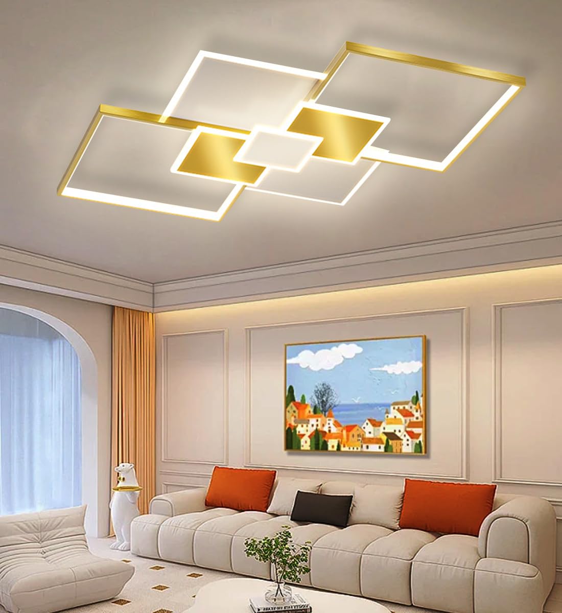 Lxysy Modern LED Ceiling Lamps Living Room Lamps Platinum Rectangular Design Ceiling lamp Dimmable Ceiling Lamps Black and White Rectangular Ceiling lamp with Remote Control (White + Gold, 90cm)