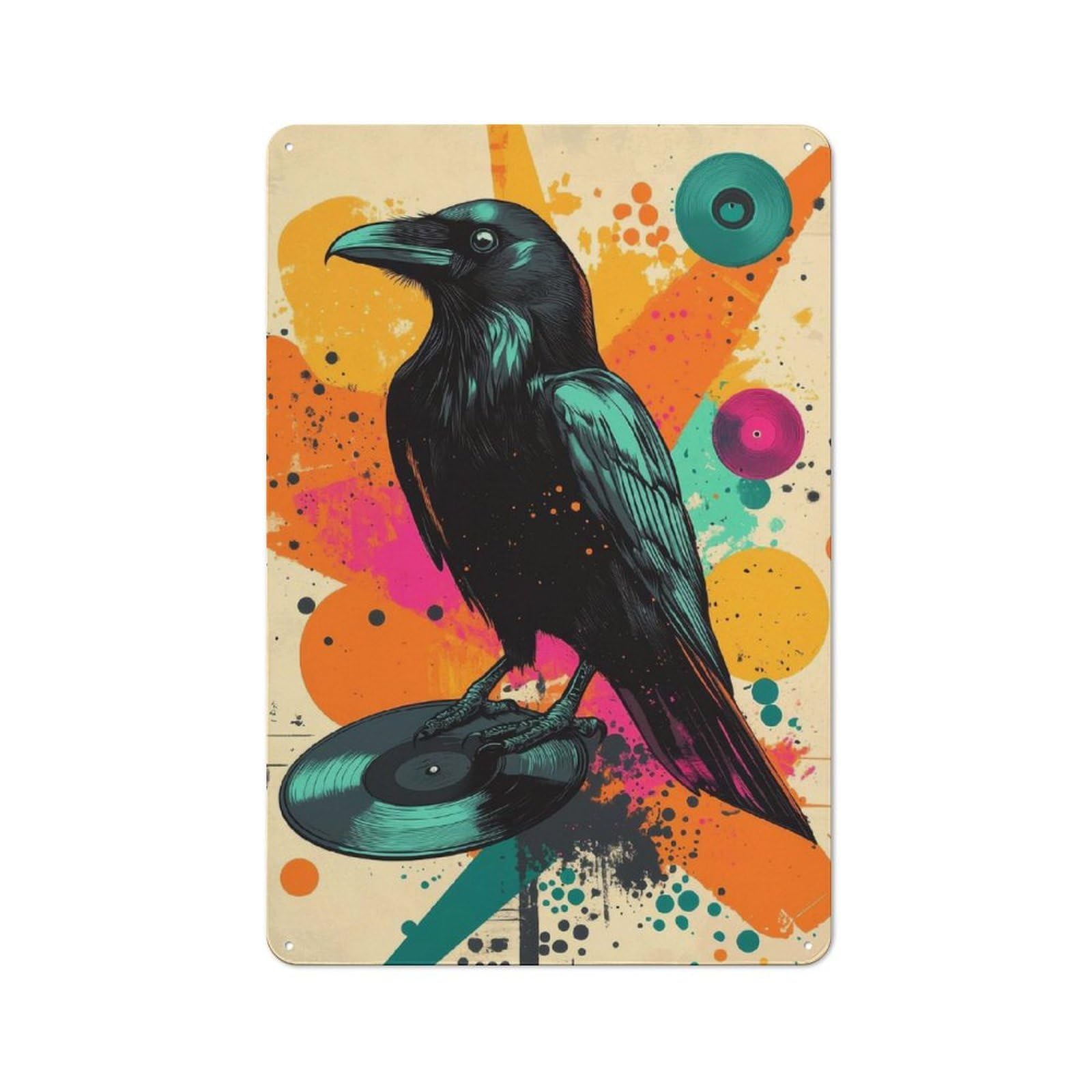 Junmoney Raven On Vinyl Record Pop Art Retro Tin Wall Plaque 30X20cm For Home Office Or Studio, Wall Decoration For Home Offices And Studios
