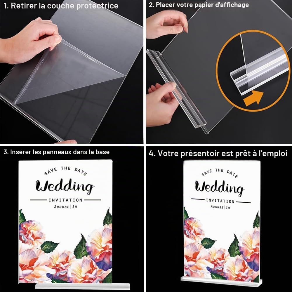 4 Pièces Présentoir de Table A4 en Acrylique,Porte-affiche pour menu de restaurant,Cadre A4 de Bureau pour Photos, Documents et Revues, Porte-Brochure Transparent pour Flyers, Buffet (forme T)