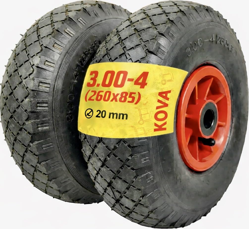 KOVA® 2X Sackkarrenrad LUFTBEREIFT 3.00-4, 260x85mm, Nabe Ø20×75, Reifen mit Schlauch & Rad Sackkarre Bollerwagen Luftreifen Ersatzrad Sackkarren Räder Rollenlager Luftrad Winkelventil Schw/Rot, L