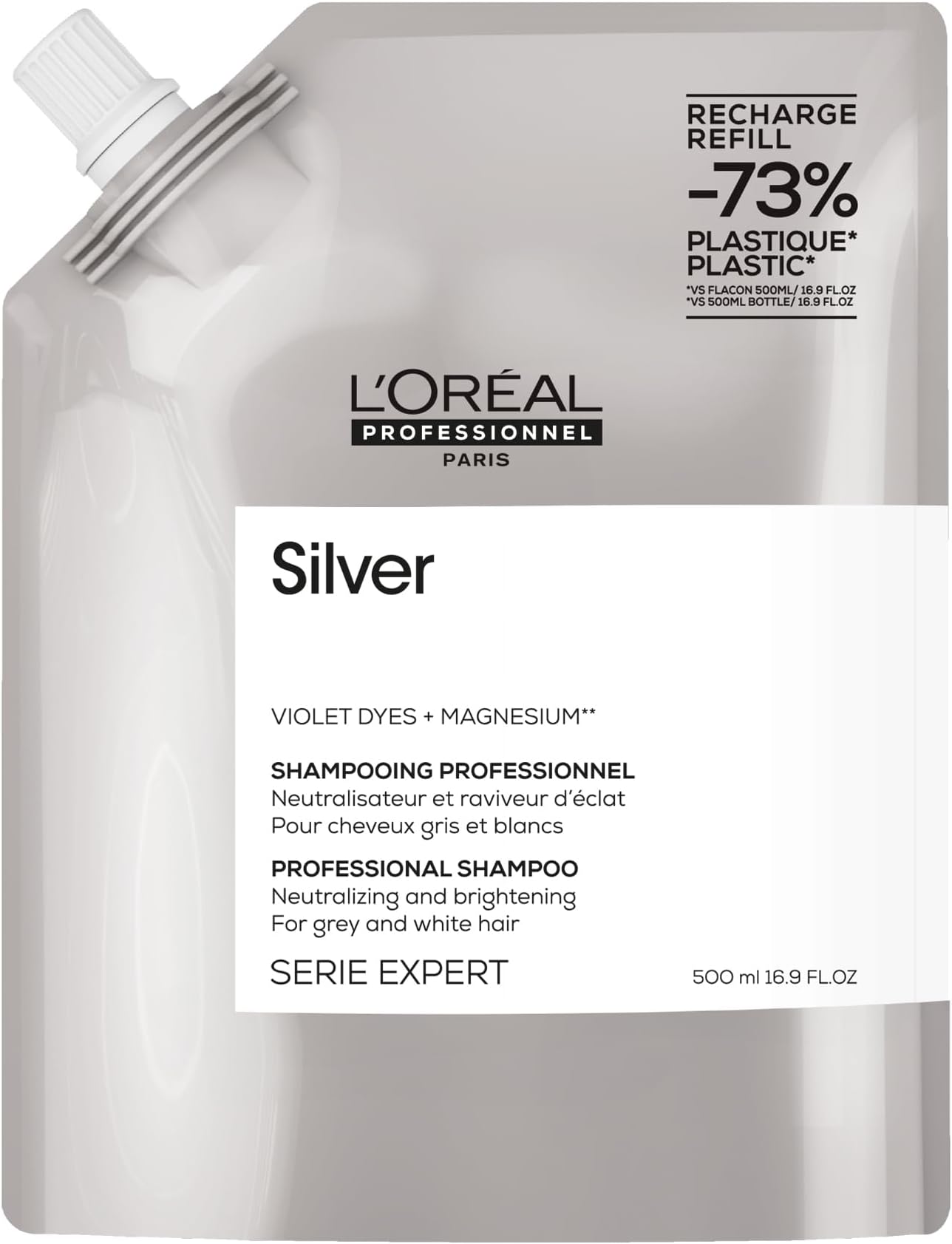 L’Oréal Professionnel Silver Shampoo For Grey, White Or Light Blonde Hair, Neutralising and Brightening, Serie Expert, 500ml Refill