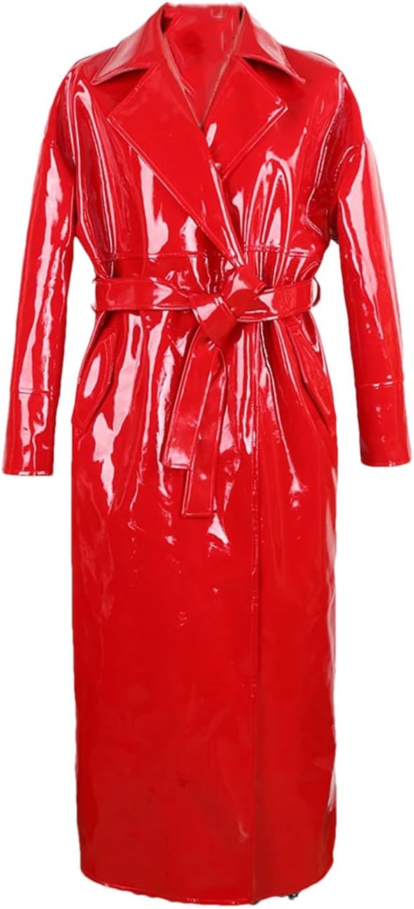 Women Spring Long Shiny Reflective Red Faux Patent Leather Trench Coat Loose Casual Coat