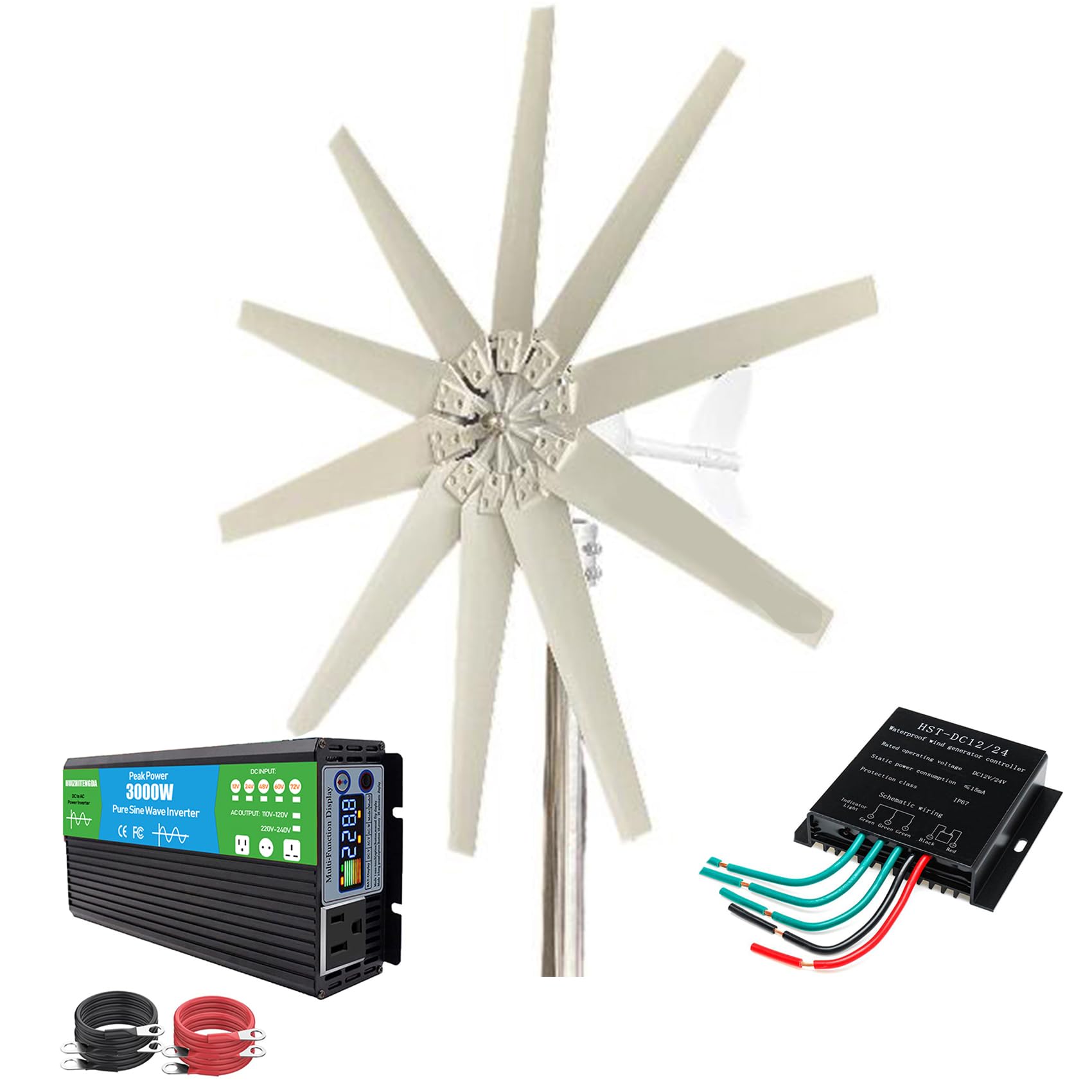 Kit generatore eolico ad asse verticale da 20000 W, 12 V/24 V/48 V, silenzioso, con 10 pale e controller per illuminazione domestica e ibrida stradale.