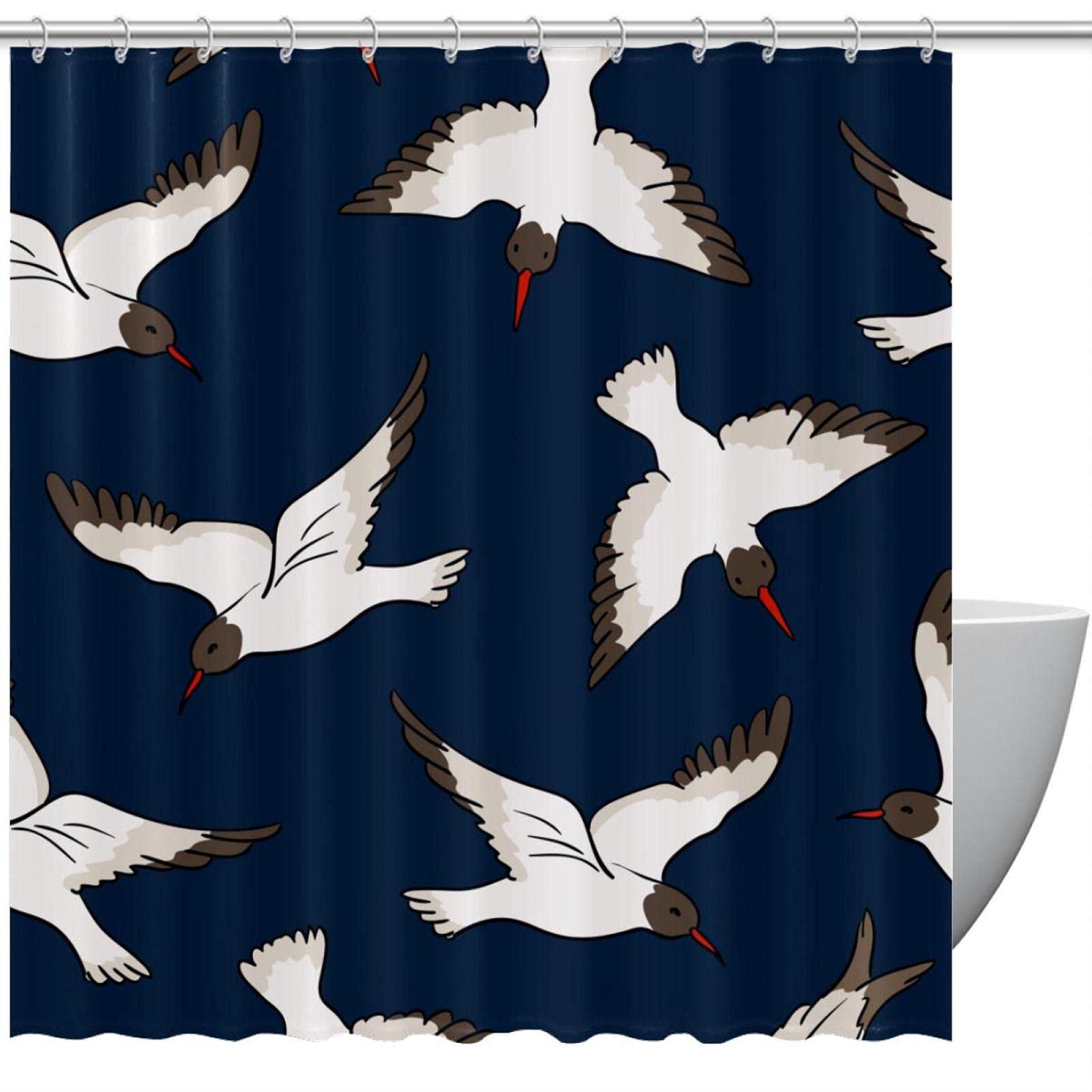 Rideau de douche en tissu blanc 183 cm avec crochets et motif oiseau chic