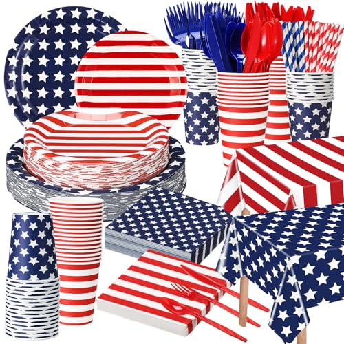 Funnymoom 436 Pcs Patriotic American Flag Party Decorations Tablecloth Plate Napkin Cup Cutlery Straw Disposable Tableware Set for 4th of July Independence Memorial Election Day Supplies, Serves 48