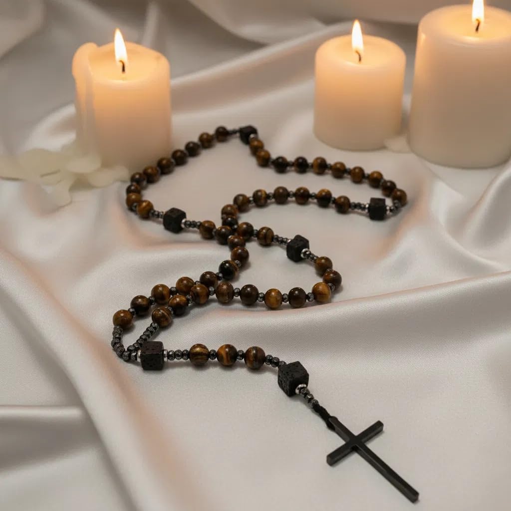 Nazareth Store Men's Rosary Necklace Black Onyx or Tiger Eye Beads with Black Alloy Cross, Catholic Christian Religious Jewelry, Gift for Him - Image 2