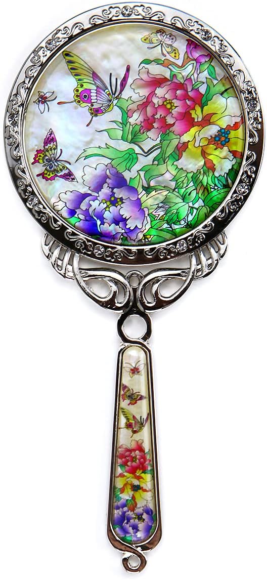 Hand Held Mirror with Beautiful Korean Pouch–150x70x5mm Rose Vintage Mirror for Traveling,Makeup,Vanity–Natural Eco-Friendly Mother of Pearl Coating–Rustproof Iron Table Mirror(Butterfly TreePeony)
