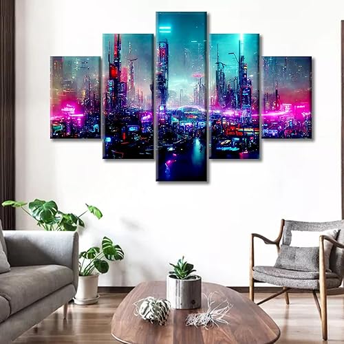 Miniatura 2 de Lienzo de 5 paneles para pared, diseño de ciudad futurista Cyberpunk llena de luces de neón por la noche, imagen para sala de estar, estilo retro