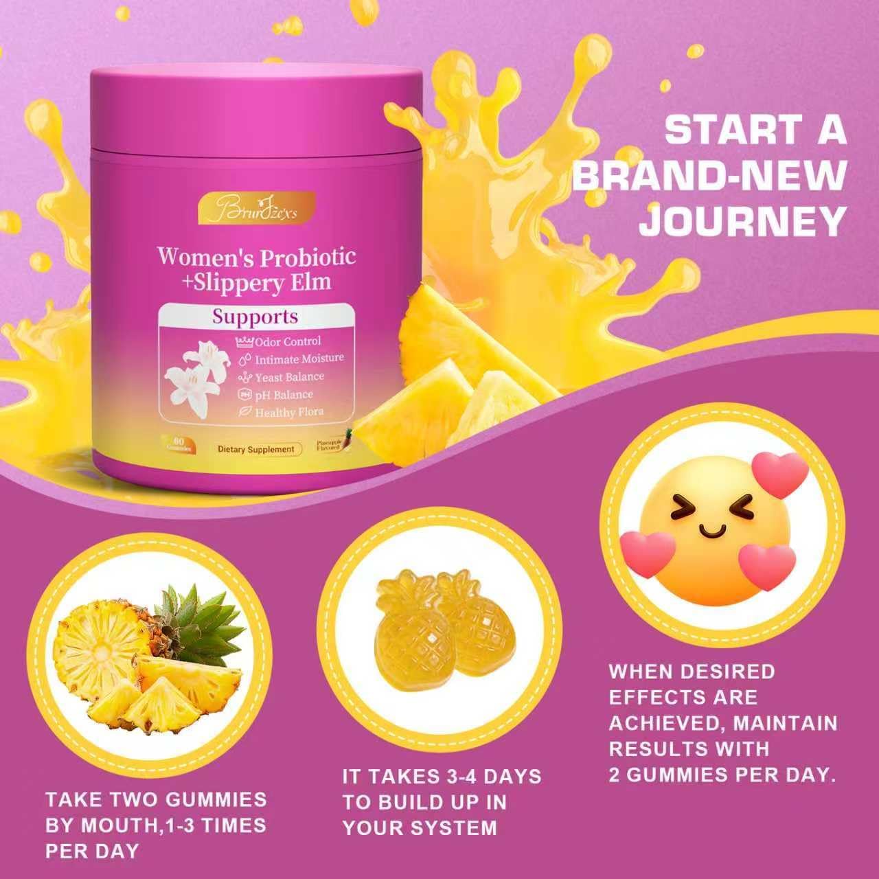 Her Juicy Feminine Probiotics Gummies for Women with Slippery Elm - Pineapple Flavor, pH Balance & Immune Health Support - Digestive & Feminine Support - Vegan Supplement, 60 C - Image 5