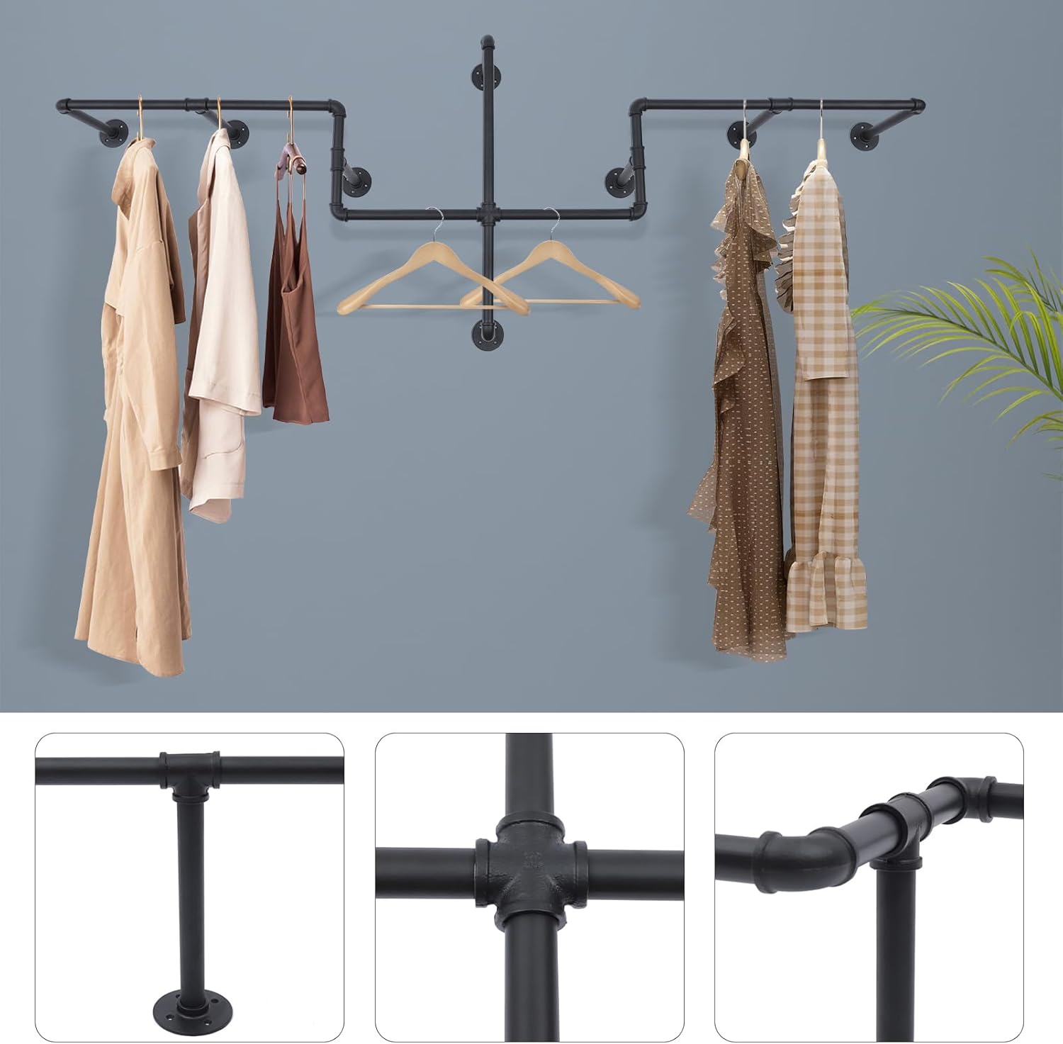 85.8x30.7x10.6in Pipe Clothing Rack for Garment Hanging and Storage Wall Mounted Pipe Clothes Rack Industrial Metal Garment Display Stable Flange Base for home Retail Detachable (Black)