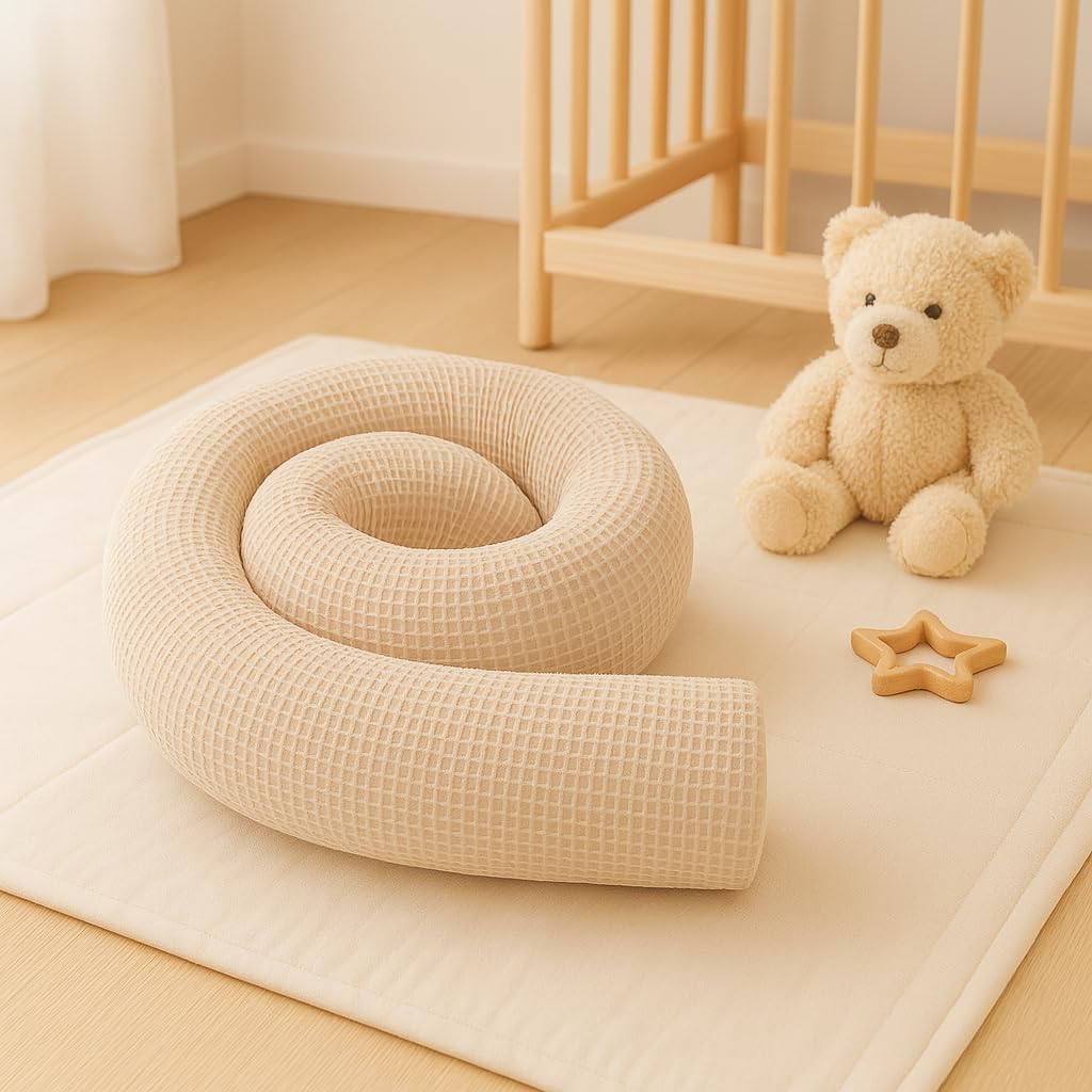Schlangenmanufaktur® Baby Kuschelschlange Waffelpique Beige aus 100% Baumwolle – handgefertigt in Bayern, atmungsaktiv & Öko-Tex zertifizierte Materialien – Laufstall-Umrandung (450x13cm)