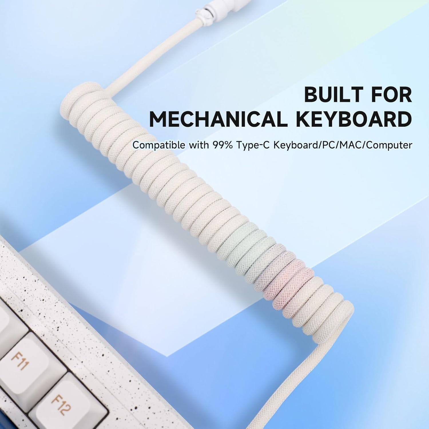 Coiled USB C Aviation Cable with Winder Rod for Gaming Keyboard Compatible Win/iMac/PC, USB A to USB C Braided Mechanical Keyboard Cable, Double-Sleeved Cable with Detachable Metal Aviator (Pastel)