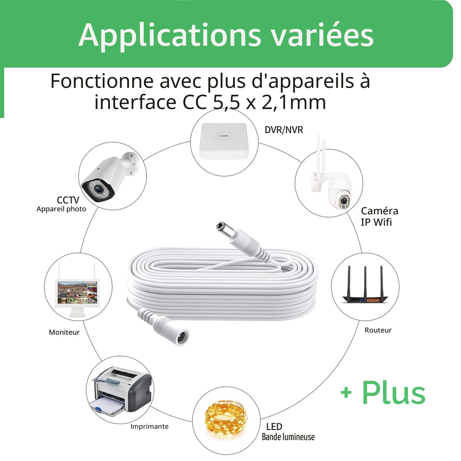 Lot de 2 câbles d'alimentation CC 10 m, prises 5,5 mm x 2,1 mm mâle/femelle, DC 5-24 V pour caméras de sécurité, DVR, routeur, imprimante, bande LED, blanc