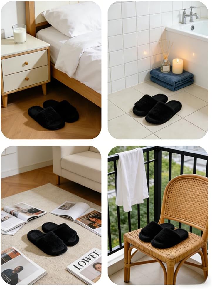 House Slippers for Women - Fuzzy Slippers with Plush Faux Fur Lining, Memory Foam Cushioned Insole, Open-Toe Design, Slip-Resistant Sole, Washable, Pull-On Closure, Faux Fur Upper, Flat Heel - Image 7