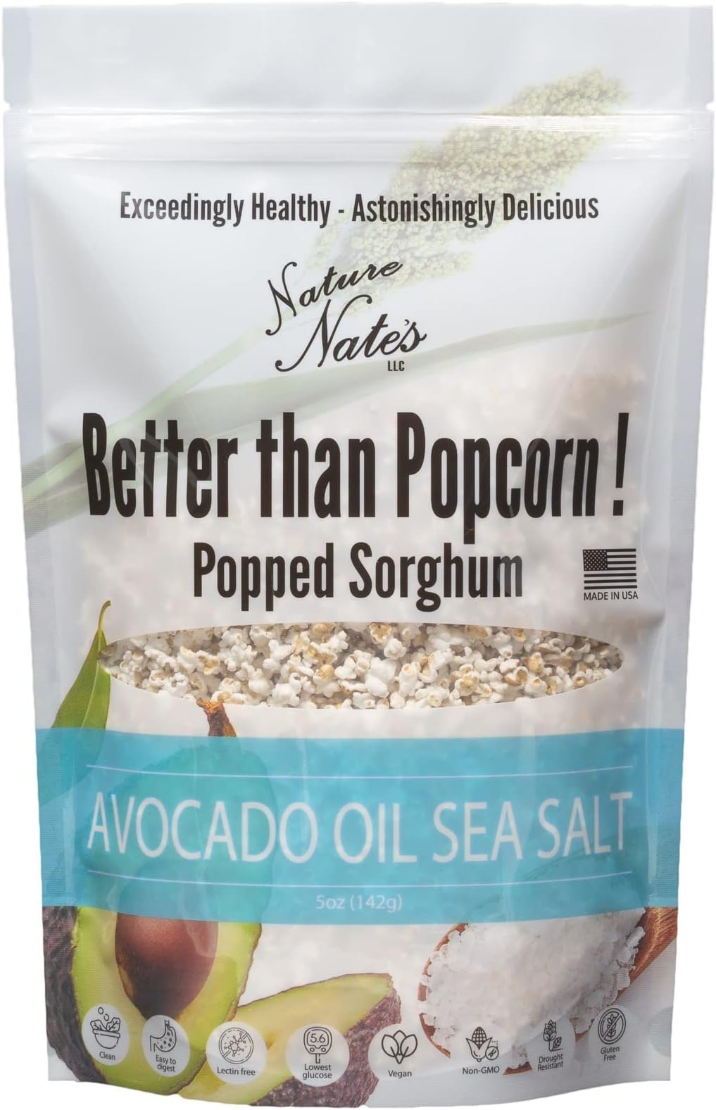 Nature Nate's LLC Popped Sorghum, Avocado Oil Sea Salt - Organic, Keto & Gluten Free, Whole 30, Healthy Snacks, Better Than Popcorn, Made in USA - 5 Ounce