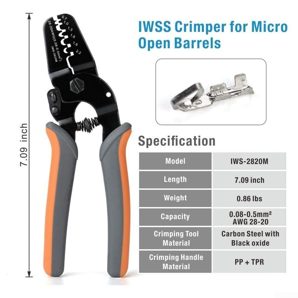 Herramienta de crimpado, IWS-2820M alicates de crimpado abiertos para terminales AWG28-20, crimpadora profesional para conectores eléctricos y terminaciones de cable