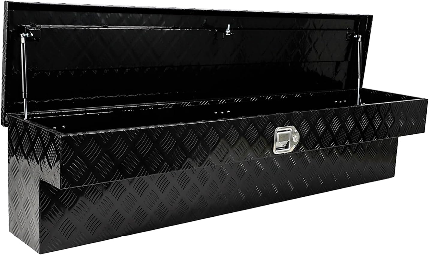 60 Inch Side Mount Truck Tool Box Aluminum Pickup Truck Bed Tool Box Trailer Storage with Lock Key 5 Bar Tread 60" x 8" x 14" Black