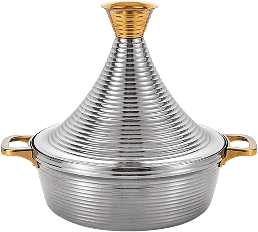 304 Stainless Steel Moroccan Tagine Pot,Non Stick Tagine Stainless Steel Tower Stew Dry Pot Non-stick Slow Cooker Seafood High Lid Pan Electromagnetic Cooker Moroccan Tajine Casserole,Gold,
