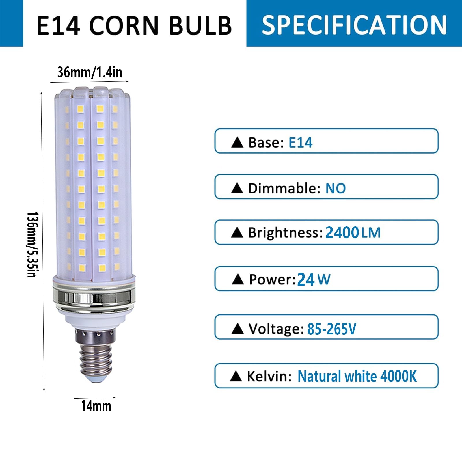 Lampadine LED E14 24W Bianco Naturale 4000K Equivalente a 240W Basso Consumo Energetico Senza Sfarfallio 2400LM Per Lampadario Plafoniera Lampada Non Dimmerabile(5 Pack)