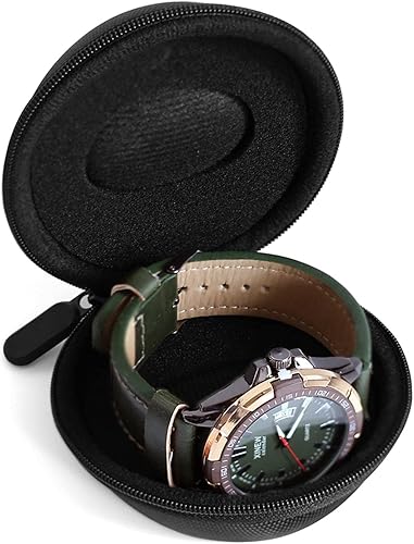 Vista 19 de Caja de viaje para relojes Besforu para hombres y mujeres, caja de almacenamiento portátil y organizador para un solo reloj, para relojes de pulsera