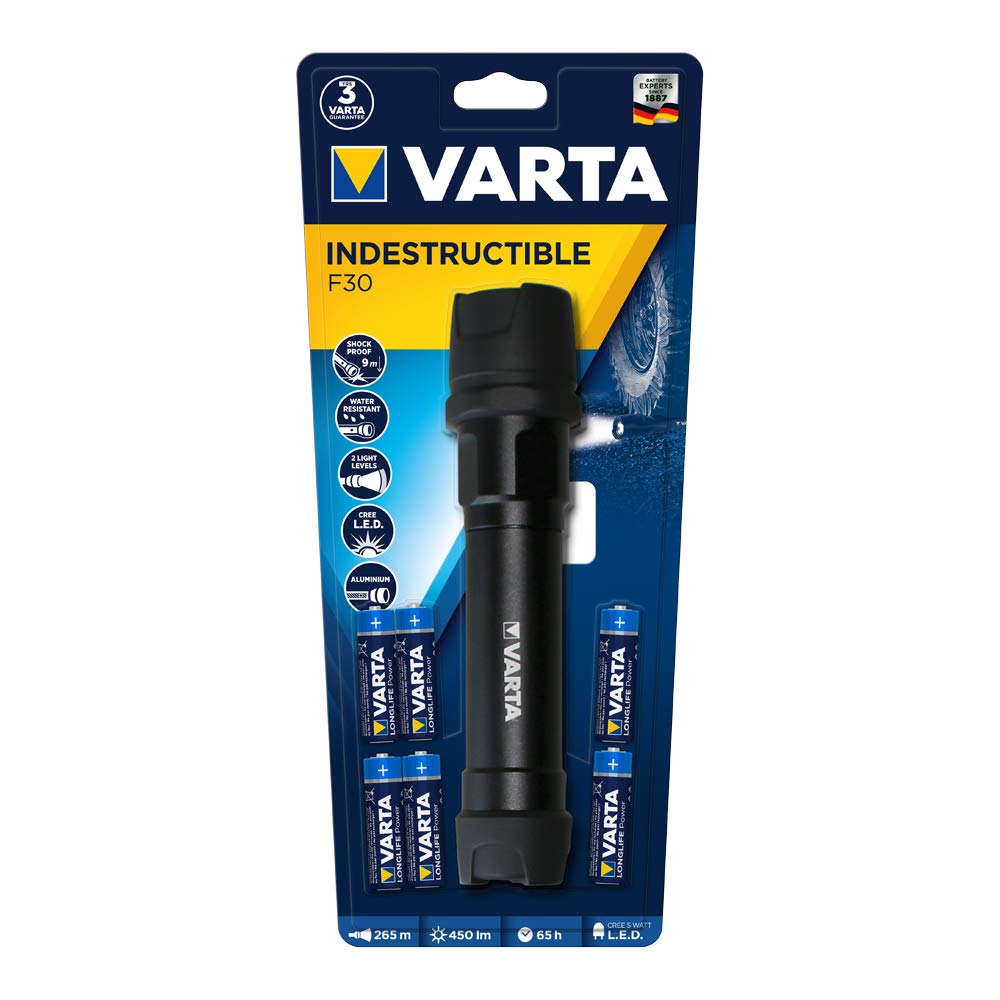 VARTA Indestructible F30 1 Vatios LED Linterna/Linterna de trabajo, incluye 6 pilas AA de larga duración, resistente al agua y al polvo, absorbe impactos, carcasa de aluminio anodizado, negro