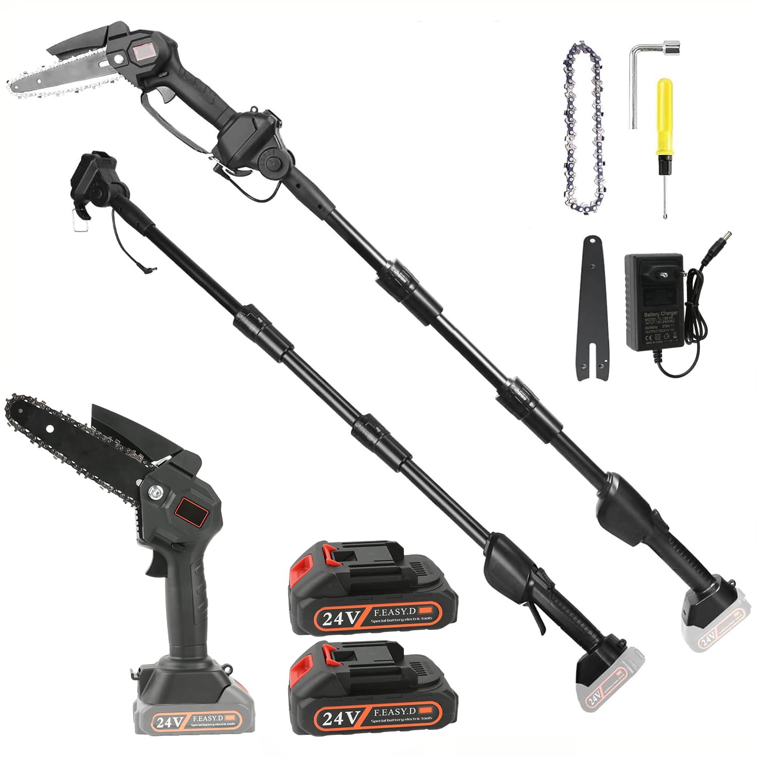 2 in 1 Motosierra Bateria, 8 Pulgadas Sierra Electrica Podar Arboles con Batería de 4000mAh, Serrucho de Poda, 30ML Depósito de Aceite, Length 2.25M Podadora Electrica Bateria (con 2 Batería)