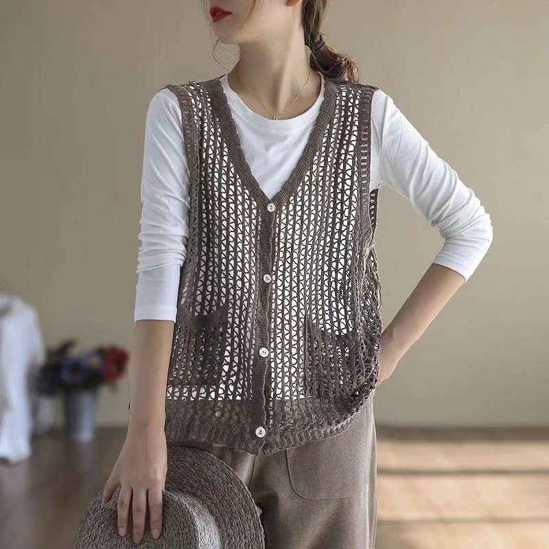 Gilet Donna, Canotta all'Uncinetto Donna Morbido Cotone Bottoni sul Davanti Senza Maniche Cardigan Estivo Traforato Canotta Casual Maglia Leggera Copricostume per L'Uso Quotidiano e Feste