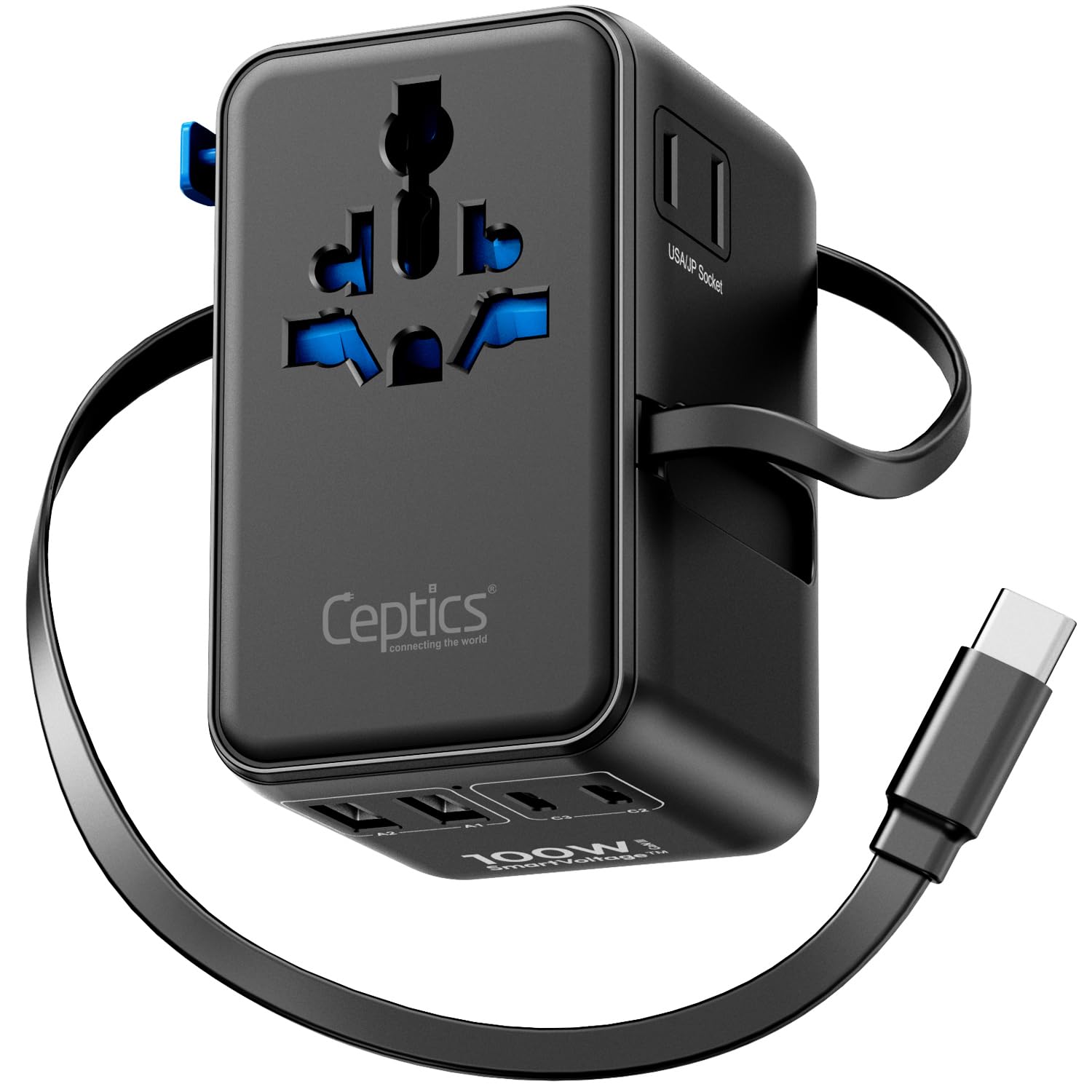 Ceptics GAN 100W Universal Travel Adapter with Retractable USB-C Cable, 2X USB-A & C, Universal Input and 1x USA/JP Input, 7 in 1 Universal Adapter