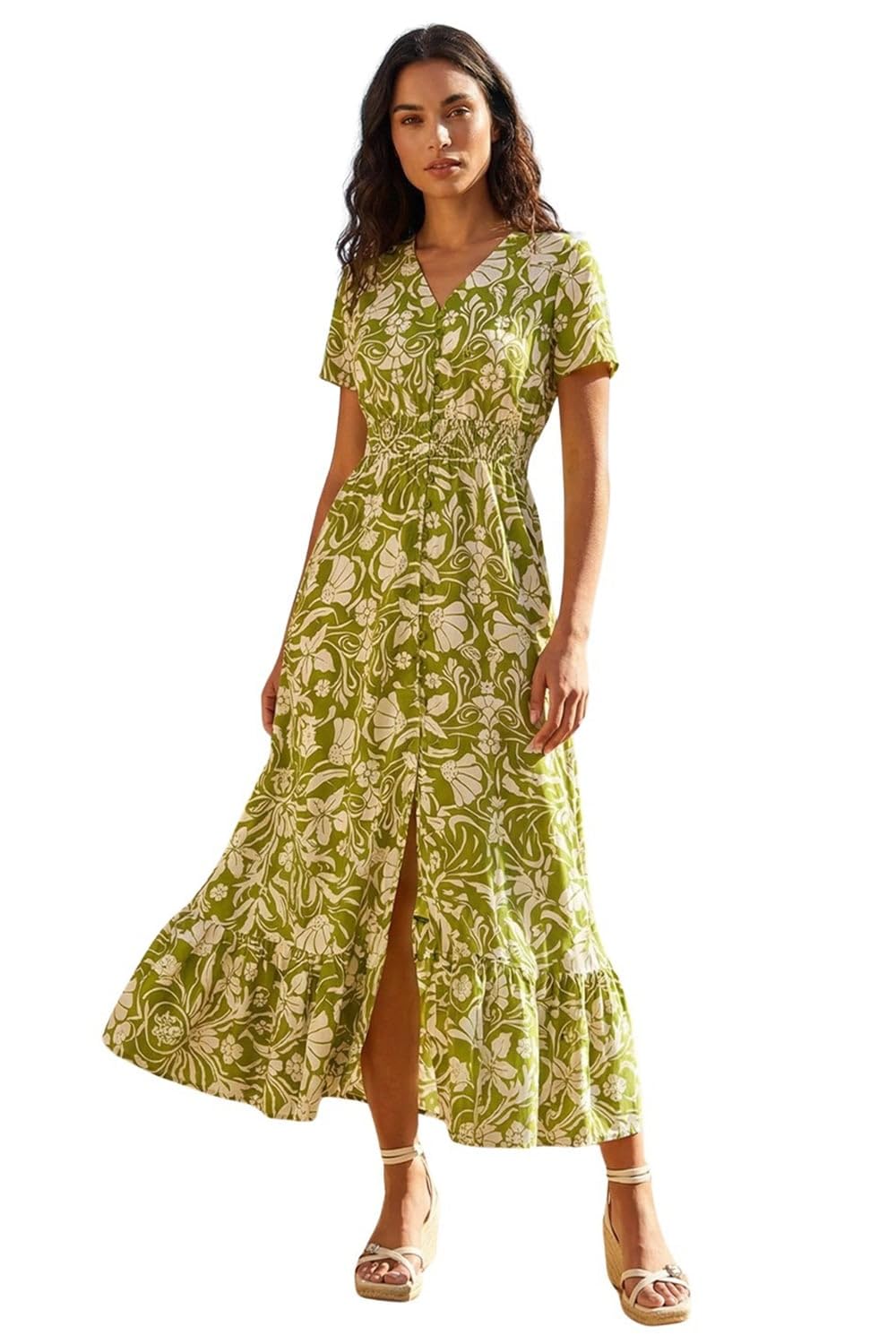 Roman Women's Floral Print Button Detail Maxi Dress in Lime | Size: 10