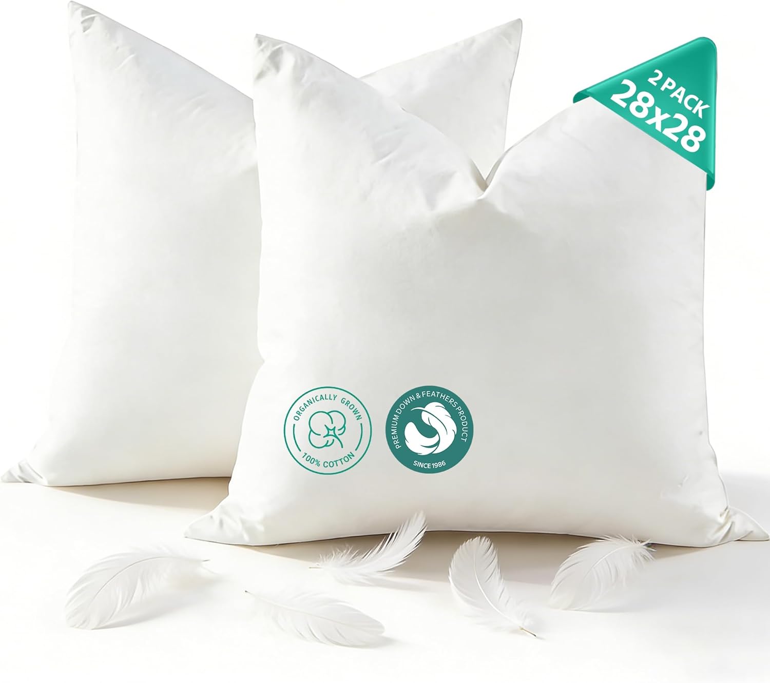 APSMILE Organic Cotton Goose Feather Down Plus Euro Throw Pillow Inserts, 28x28 Inch Set of 2, Soft Supportive Large Square Decorative Pillow Forms for Couch, Sofa, Bed