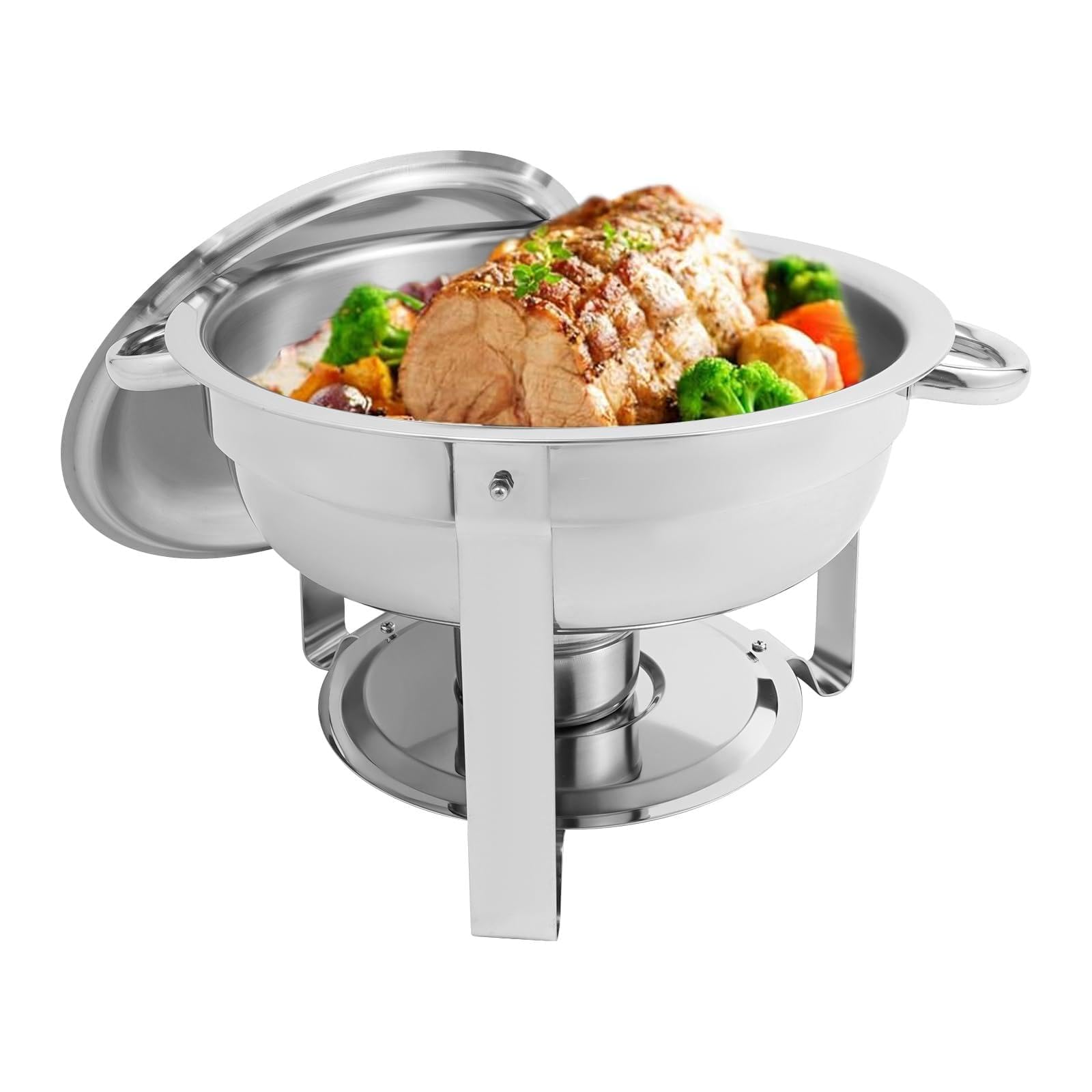 Okrągły zestaw naczyń Chafing Dish ze stali nierdzewnej, 4 x 4,5 l, podgrzewacz do potraw ze szklaną pokrywką i wanną na wodę, pojemnik utrzymujący ciepło do bufetu, cateringu i imprezy (41 cm