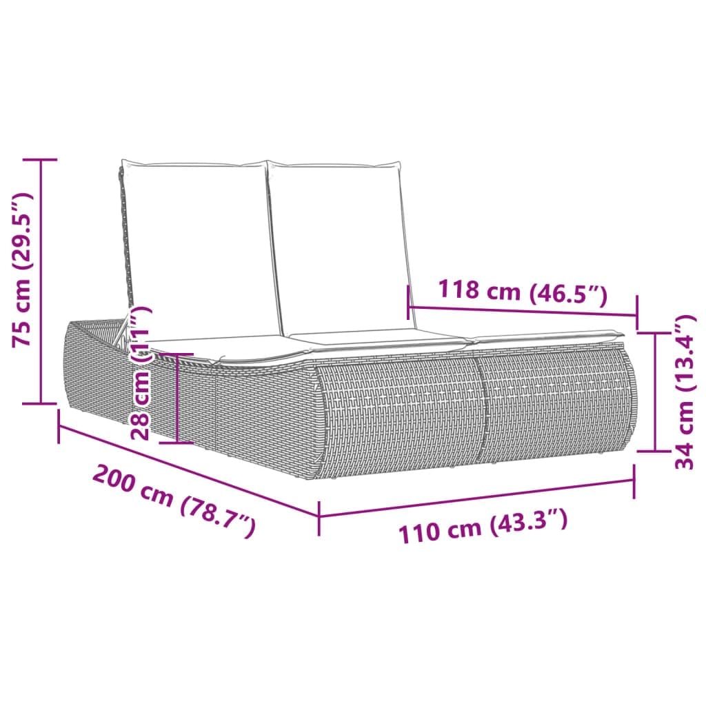 Lettino Prendisole doppio in Polyratan Marrone con Cuscini sfoderabili e lavabili, Divano letto da esterno con schienale regolabile 3 posizioni, 280kg 110x200x75cm, giardino terrazza piscina