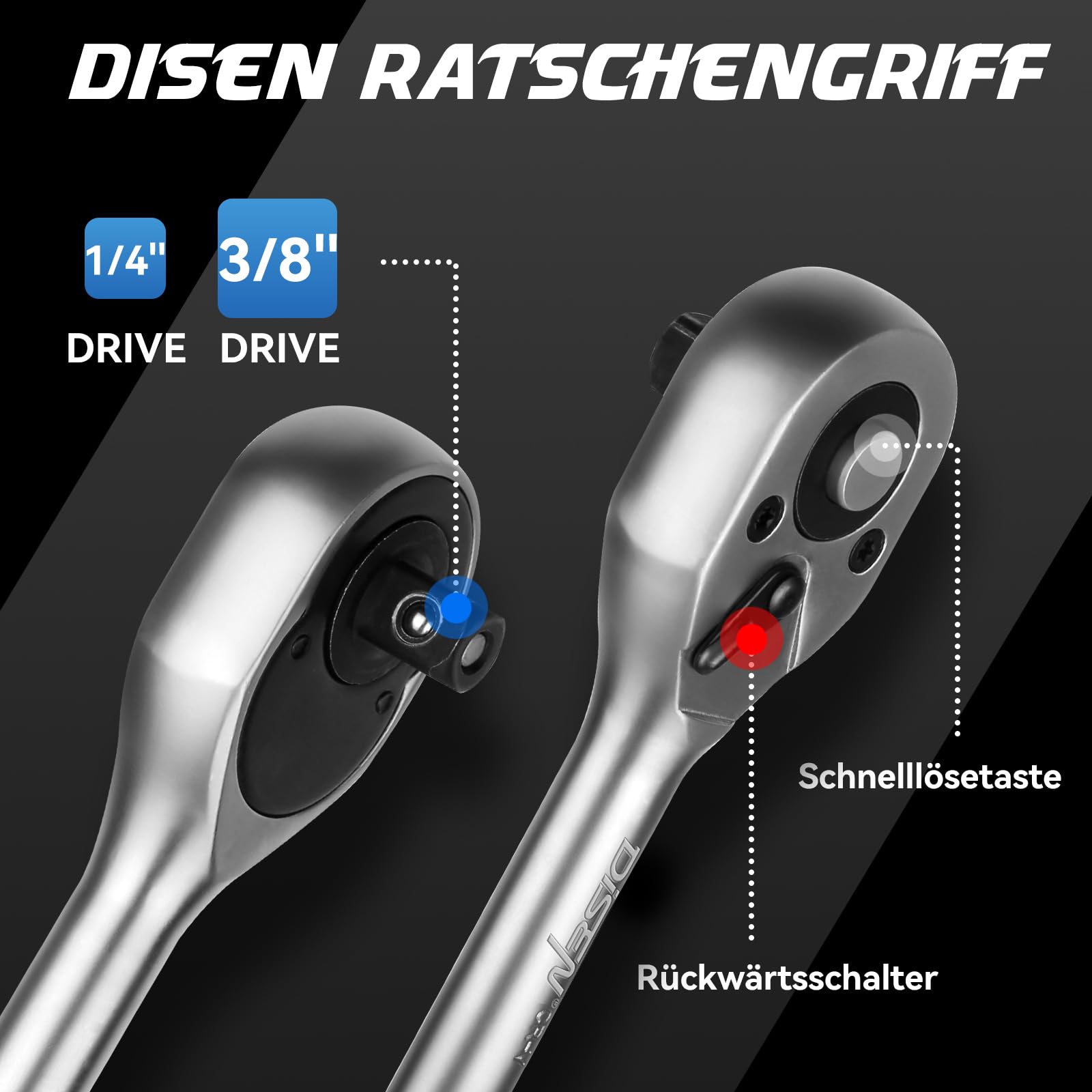 DISEN Steckschlüsselsatz 108-teilig, Ratschenschlüssel Knarrenkasten Set mit Umschaltknarre 1/4" und 3/8", inkl. Gängigen Torx - Bitsatz, Verlängerungen, Steckschlüssel Set und Nüsse für Heim