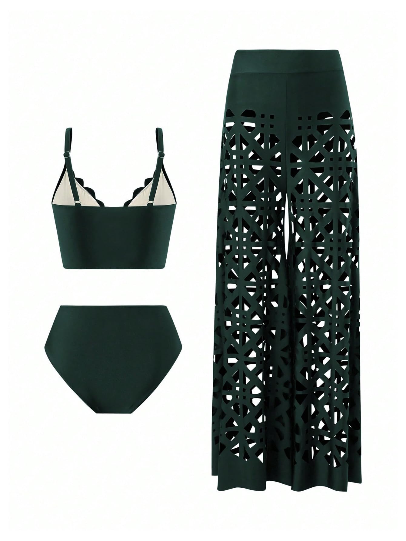 Traje de baño de 3 piezas para mujer, conjunto de bikini hueco con pantalones de cobertura, color verde, talla M