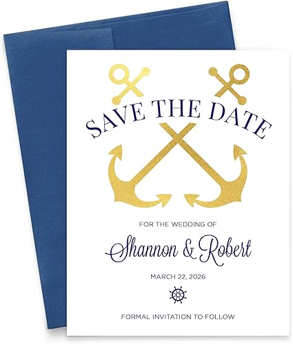 Nautical Save The Date Invitations with Envelopes, Anchor Save the Date Cards For Weddings, Family Reunion, Birthday Party, Printed Gold Foil