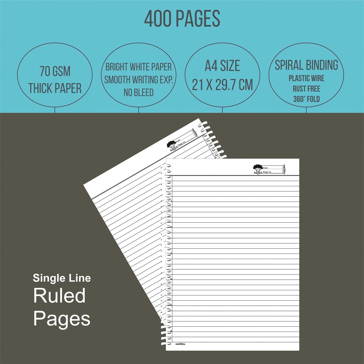 amblitz Quaderno a spirale, 400 pagine, formato A4, rigato singolo, belle copertine con citazioni motivazionali, confezione da 1, quaderno per appunti per studenti universitari, carta spessa 70 g/m²