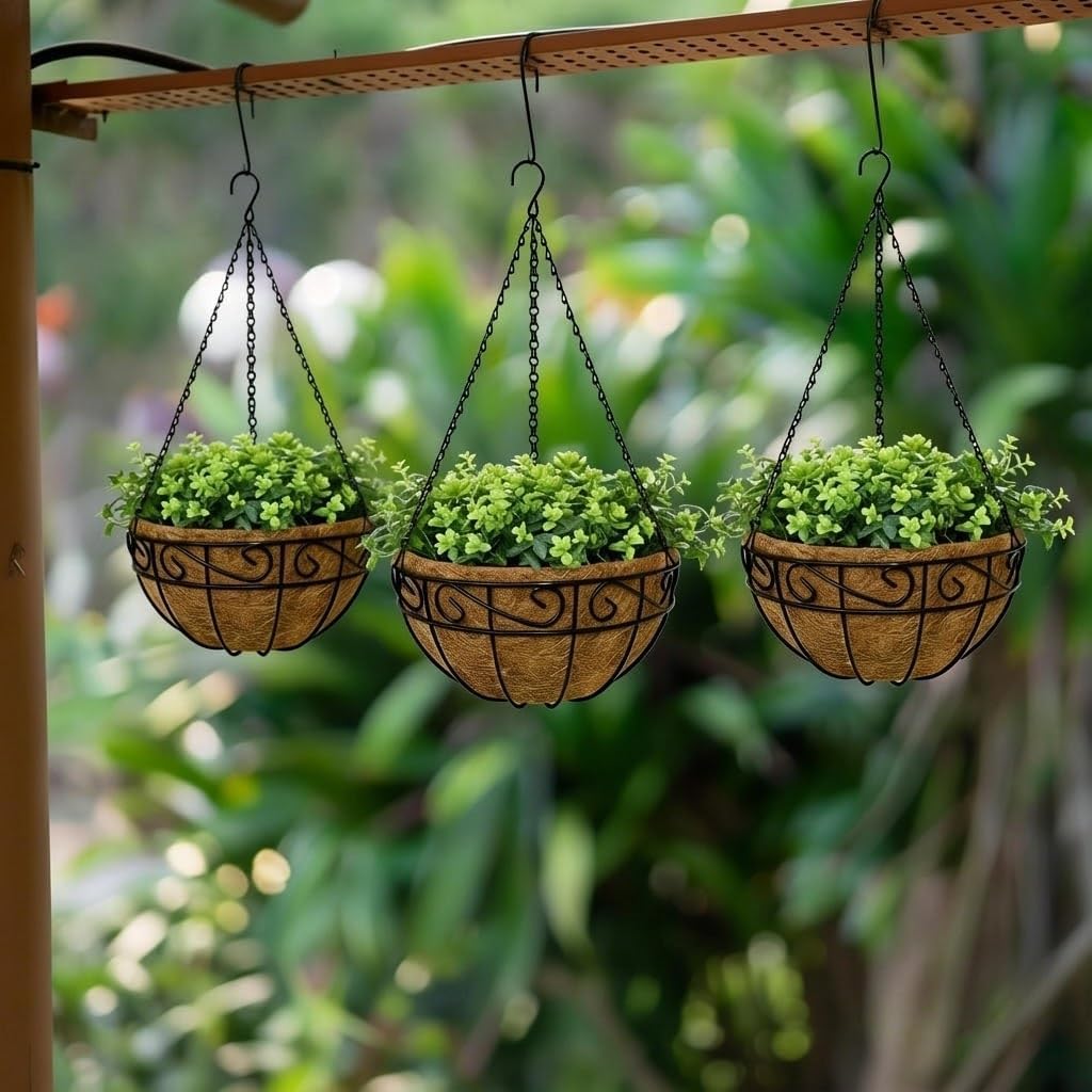 14 Inch Hanging Baskets for Plants Outdoor, 3 Pack Metal Wire Hanging Planters with Coco Coir Liners, Rust-Resistant Flower Basket with Chains & Hooks for Garden Patio Porch Deck Balcony