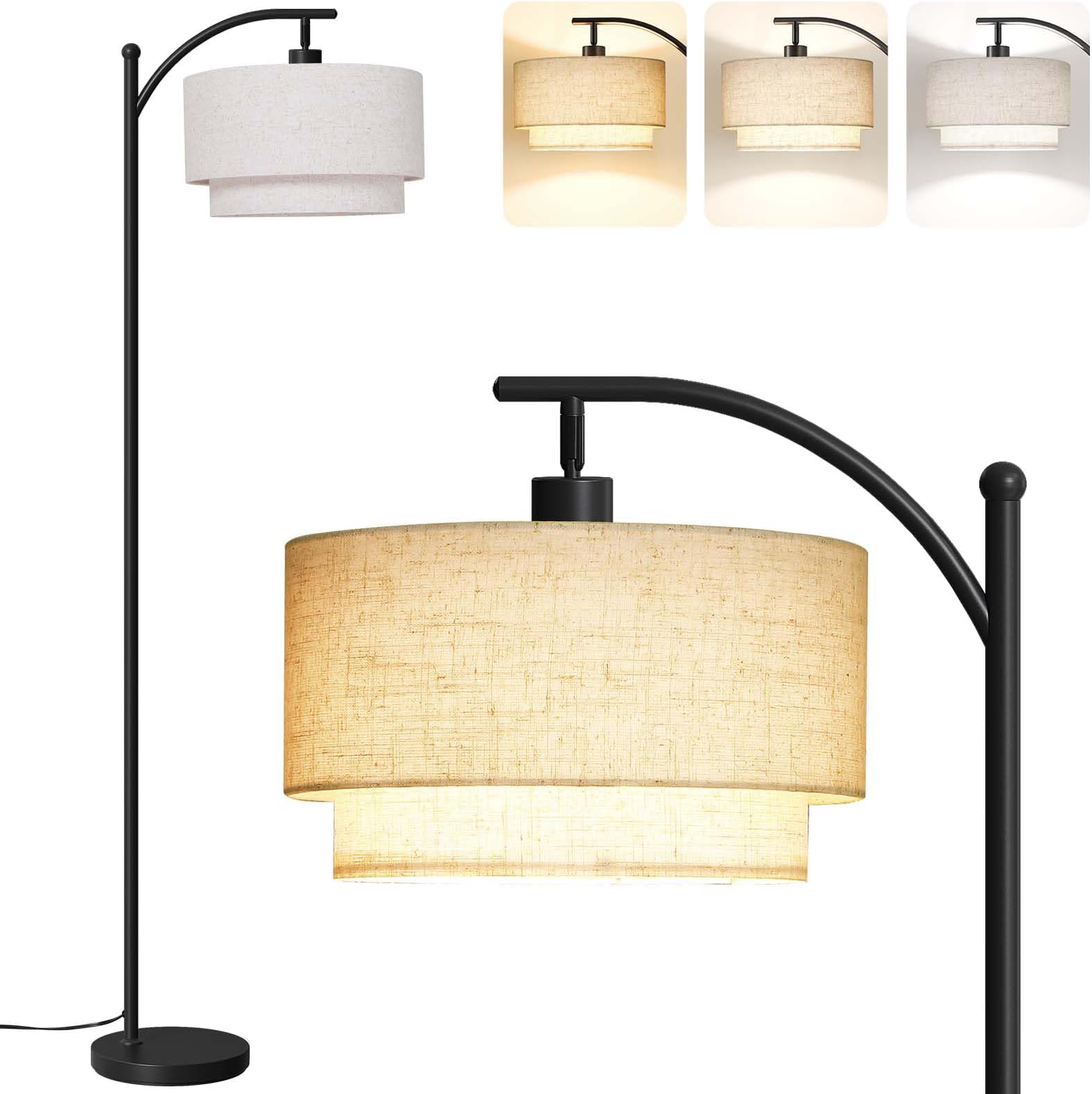 Floor Lamps for Living Room with 12W LED Bulb, Arc Floor Lamp with 3 Color Temperatures, Modern Floor Lamps with Adjustable Double Fabric Shades, Tall Standing Lamp for Bedroom, Corner