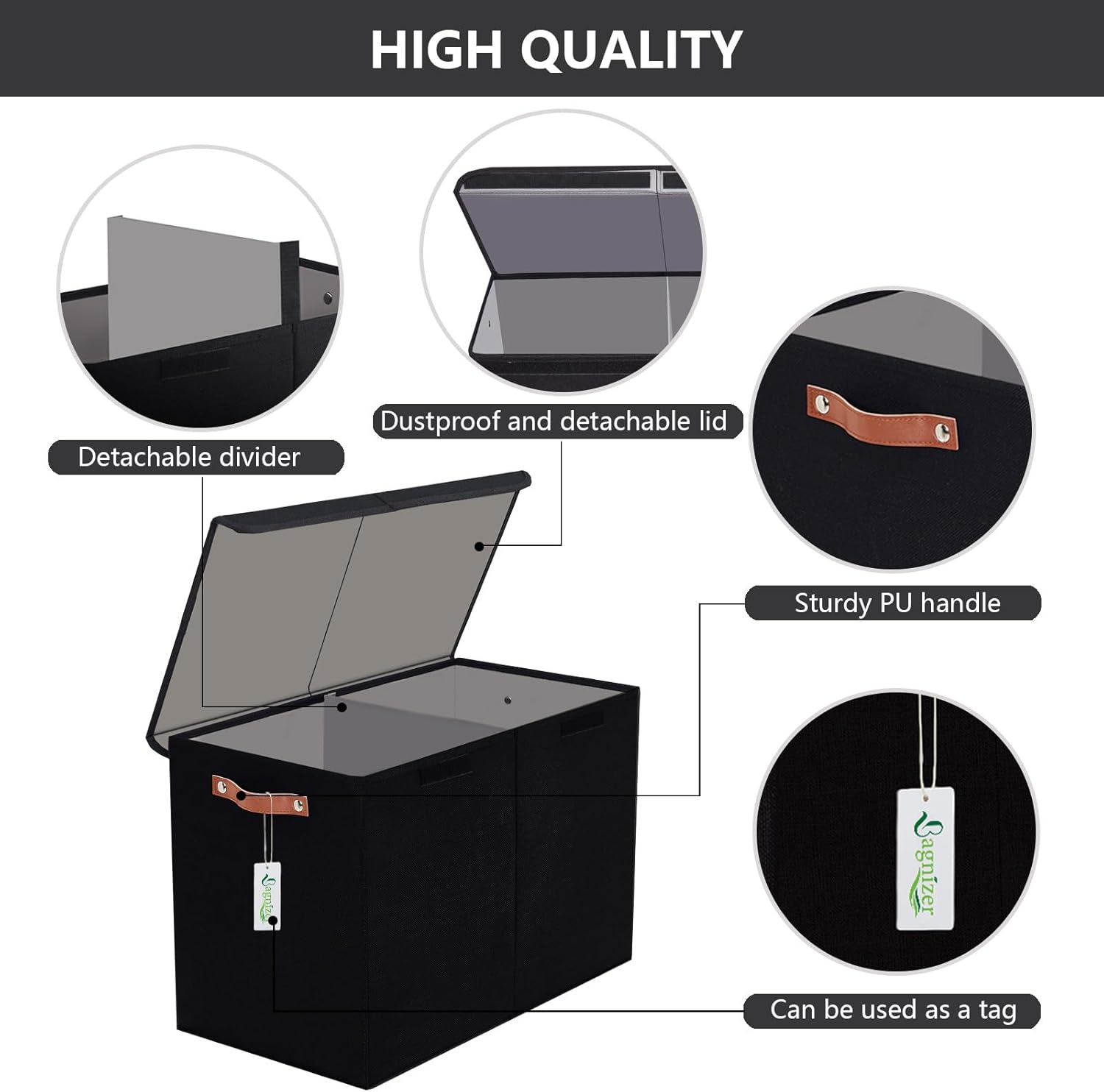 Large Toy Storage Box with Lids Black+Linen Fabric Foldable Storage Cube