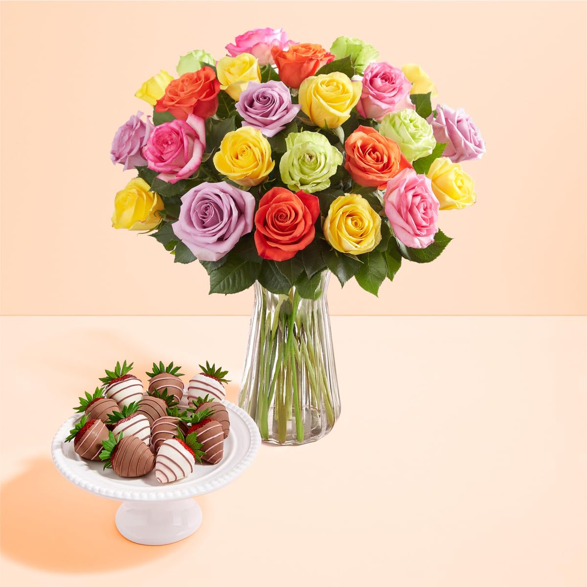 Shari’s Berries 24 Assorted Roses with Vase & 12 Gourmet Chocolate Covered Strawberries Gift Set| Flower & Chocolate Gift Delivery for Mother's Day, Anniversary, Birthday, & Thank You