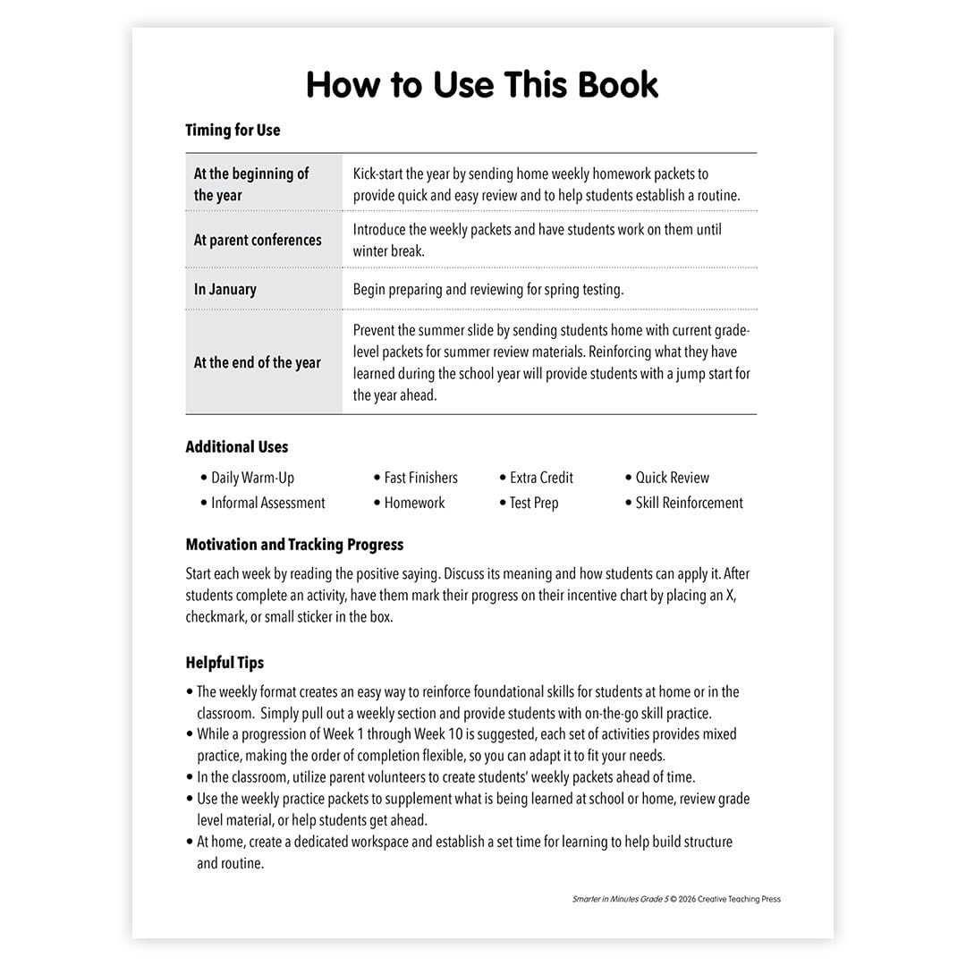 Creative Teaching Press Smarter in Minutes Grade 5 – 10 Weeks Reading, Writing & Math Practice, Daily Practice Workbook for Grade 5 Homeschool, Test Prep & Summer Review (CTP 11122)