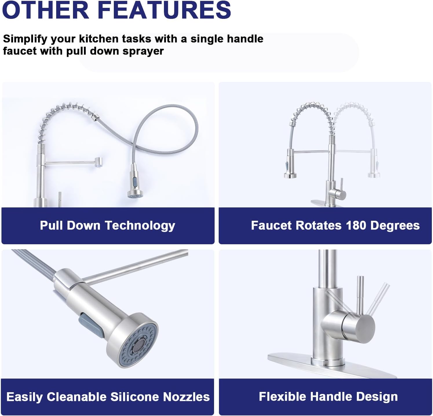 VAPSINT Kitchen Faucet with Pull Down Sprayer, Brushed Nickel Stainless Steel Single Handle Spring Sink Faucet 1 or 3 Hole,Dual Function Kitchen Faucets for Farmhouse Laundry RV Wet Bar, VAP-BY007